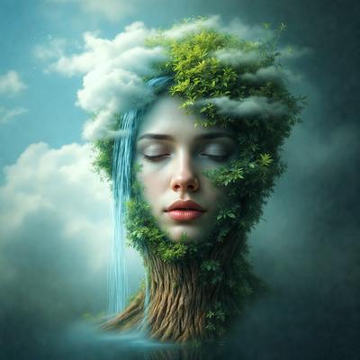 The primary subject of the image is a woman with a tree growing out of her head. The setting is a cloudy sky, and the visual style is a digital art or illustration. The colors are predominantly blue and green, creating a serene and dreamy atmosphere.
